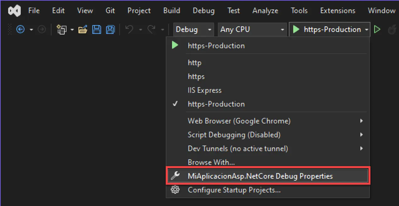 Editar el archivo launchSettings.json en Visual Studio 2022